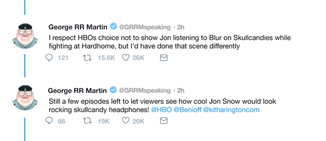 Illustration for article titled Desperate Bid: George R.R. Martin Is Tweeting About How Jon Snow Loves Listening To Music On His Skullcandies In A Plea To Get Free Headphones